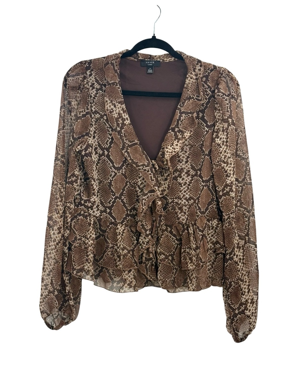 Haver London Snake Print Ruffle Peplum Tie Front Wrap Blouse Small